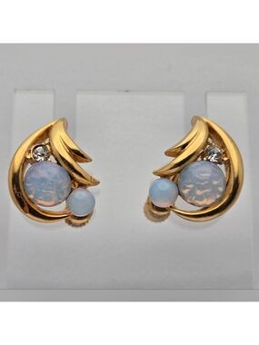 Gold Tone Faux Opal Clip-On Earrings Floral Leaf Rhinestone 7/8”